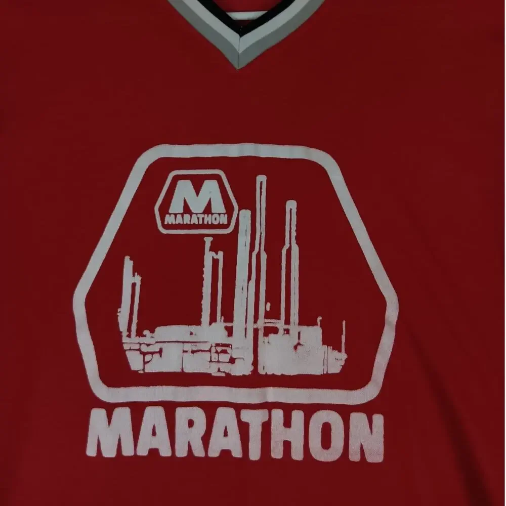 Spanjan‎ Vintage Marathon Oil Baseball Shirt Boys XL Red Advertising Logo USA 14